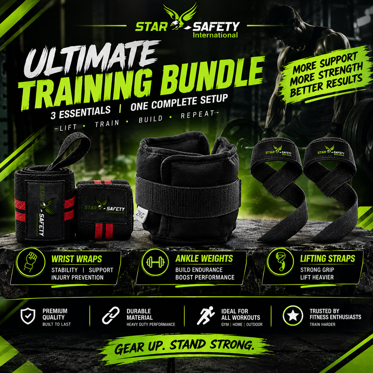 STAR SAFETY POWER TRIO — Wrist Wrap — 2Kg Ankle Weight Pair — Lifting Strap