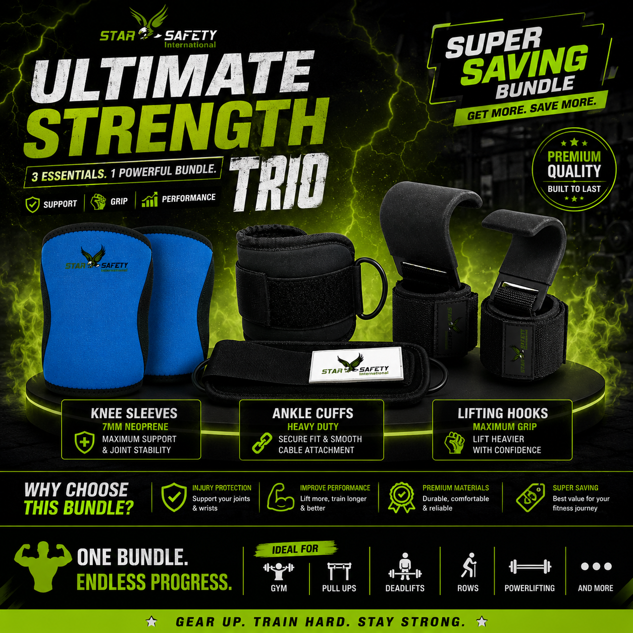 ULTIMATE STRENGTH TRIO — Knee Sleeve — Ankle Cuff — Power Hook Pro