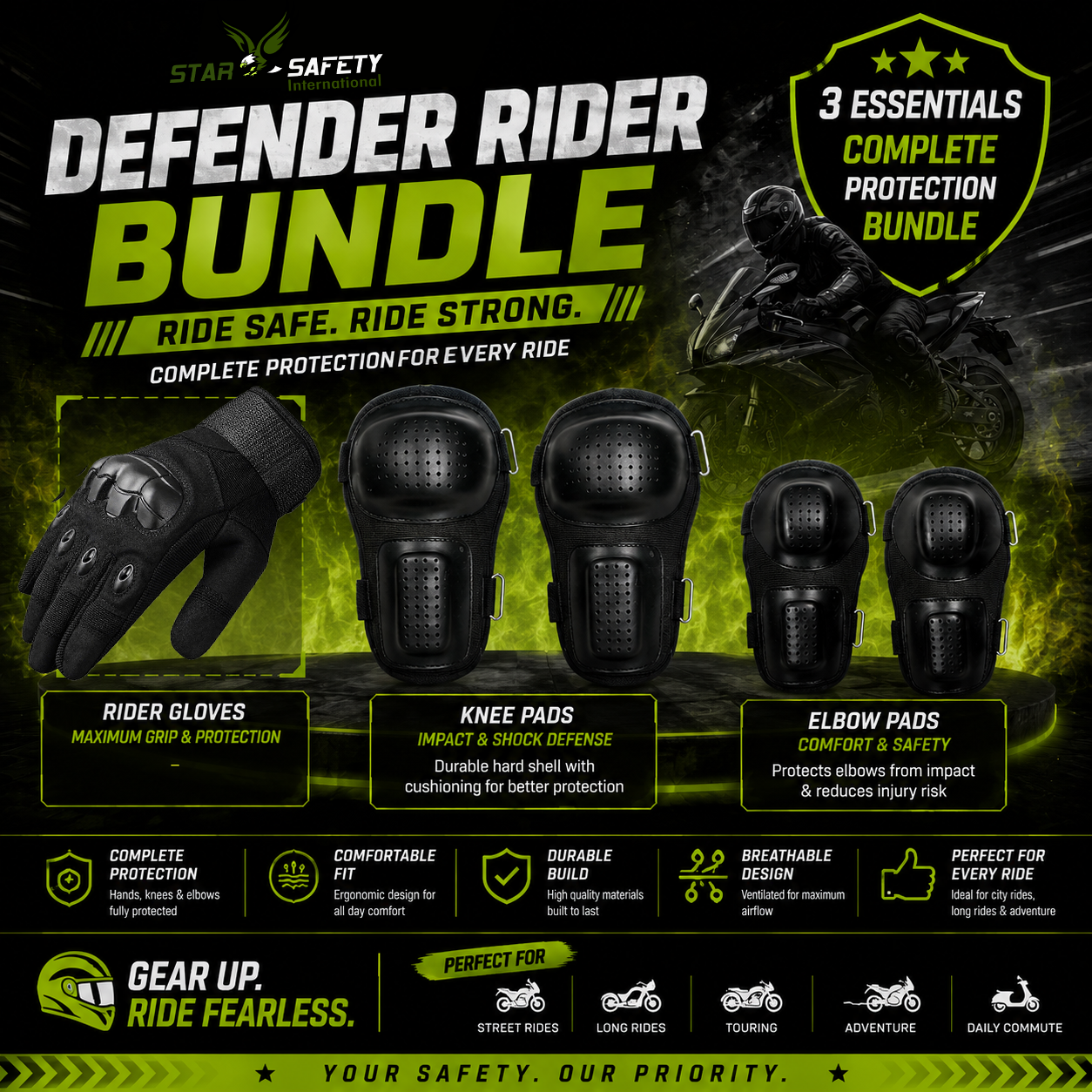 STAR SAFETY DEFENDER OFFER — Riding Gloves — Knee & Elbow Pads